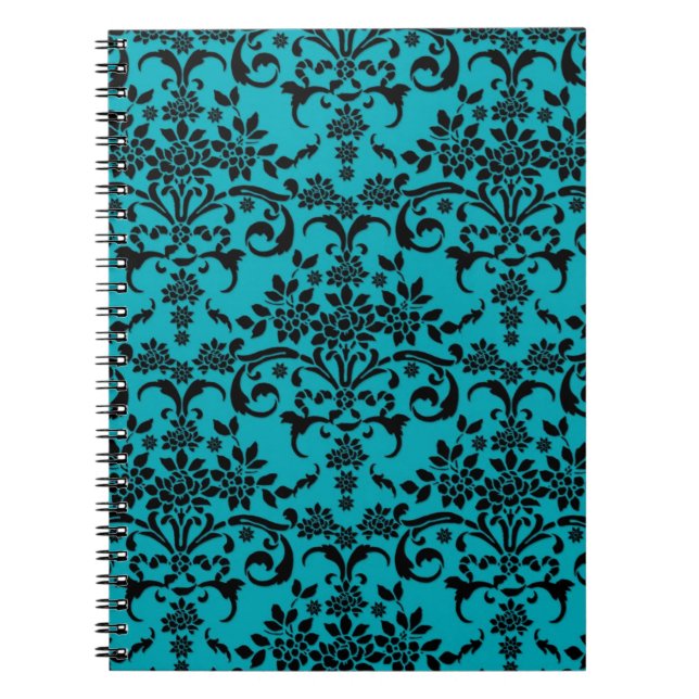 Black and Turquoise Floral Damask Pattern Notebook (Front)