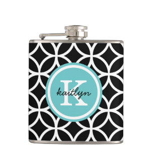 Black and Turquoise Geometric Diamonds Monogram Hip Flask
