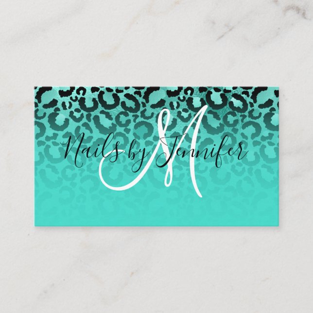 Black and Turquoise Glamourous Leopard Spots Business Card (Front)