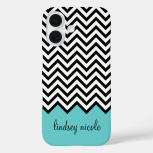 Black and Turquoise Modern Chevron Custom Monogram iPhone 16 Case