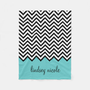 Black and Turquoise Modern Chevron Custom Monogram Fleece Blanket