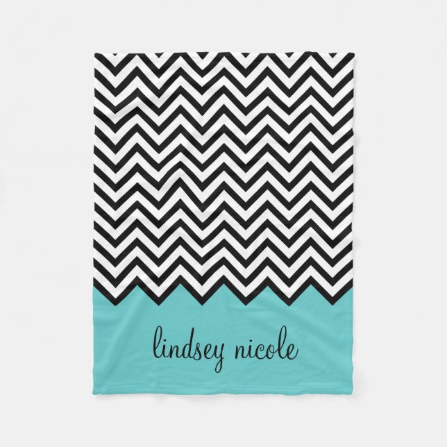 Black and Turquoise Modern Chevron Custom Monogram Fleece Blanket (Front)