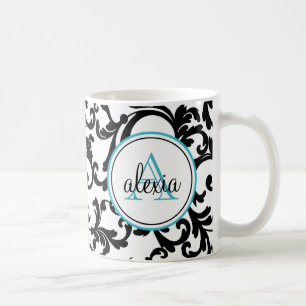 Black and Turquoise Monogrammed Damask Print Coffee Mug