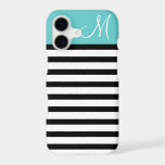 Black and Turquoise Preppy Stripes Custom Monogram<br><div class="desc">Cute Modern Girly Trendy Chic Stylish Design with Preppy Horizontal Stripes and Solid Colour Block with Custom Personalised Monogram Initial Letter</div>