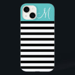 Black and Turquoise Preppy Stripes Custom Monogram Case-Mate iPhone 14 Case<br><div class="desc">Cute Modern Girly Trendy Chic Stylish Design with Preppy Horizontal Stripes and Solid Colour Block with Custom Personalised Monogram Initial Letter</div>