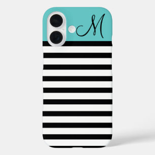 Black and Turquoise Preppy Stripes Custom Monogram iPhone 16 Case