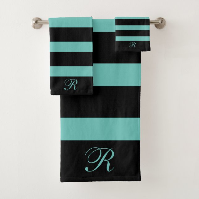 Black and turquoise stripes pattern bath towel set (Insitu)