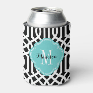 Black and Turquoise Trellis Monogram Can Cooler