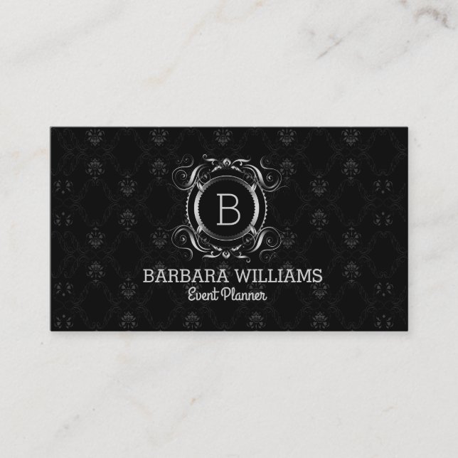Black And Vintage Swirly Silver Frame Business Card (Front)