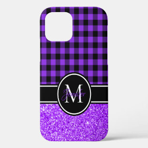 Black and Violet Glitter Buffalo Plaid Monogram iPhone 12 Case