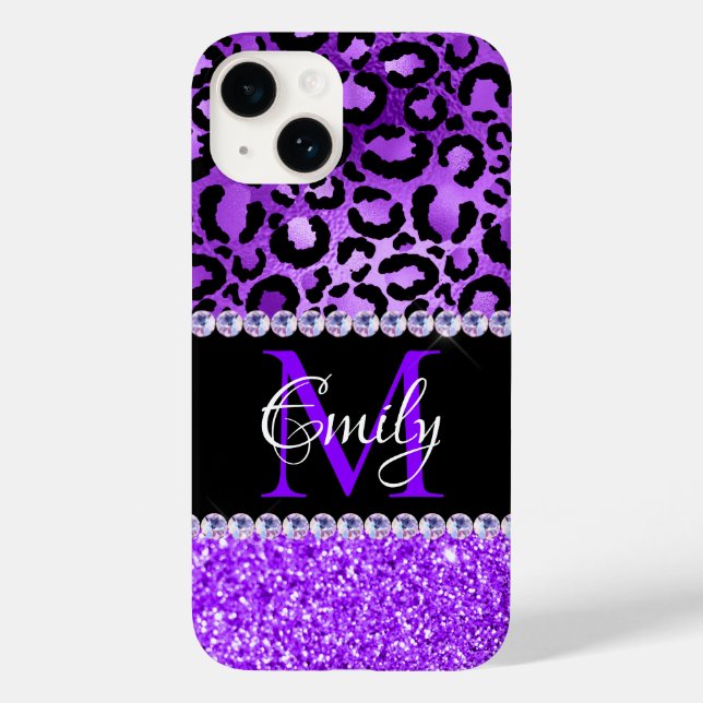 Black and Violet Leopard Spots Glam Monogram Case-Mate iPhone Case (Back)