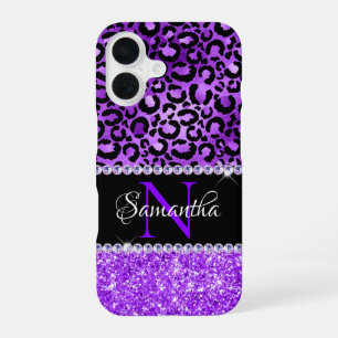Black and Violet Leopard Spots Glam Monogram iPhone 16 Case