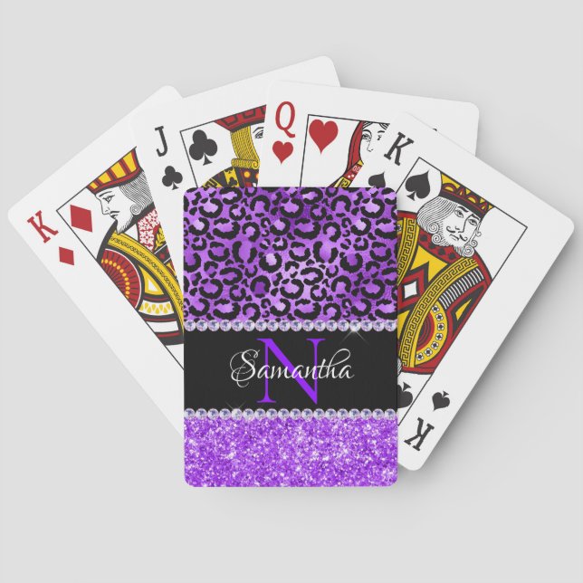 Black and Violet Leopard Spots Glam Monogram Playing Cards (Back)