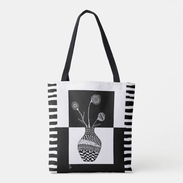 Black and While Flowers in a Vase Tote Bag (Back)
