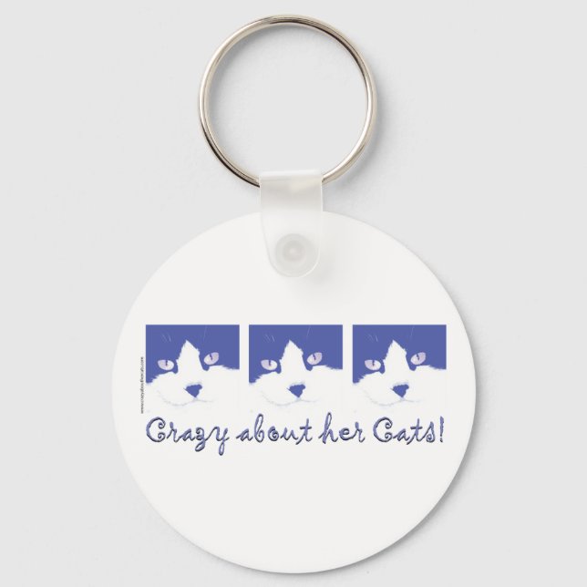 black and whit longhaired cat key ring (Front)