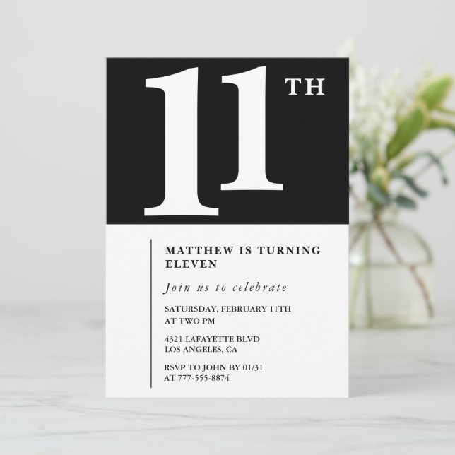 Black and White 11th birthday invitation Chic (Standing Front)