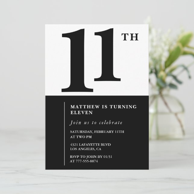 Black and White 11th birthday invitation Simple (Standing Front)