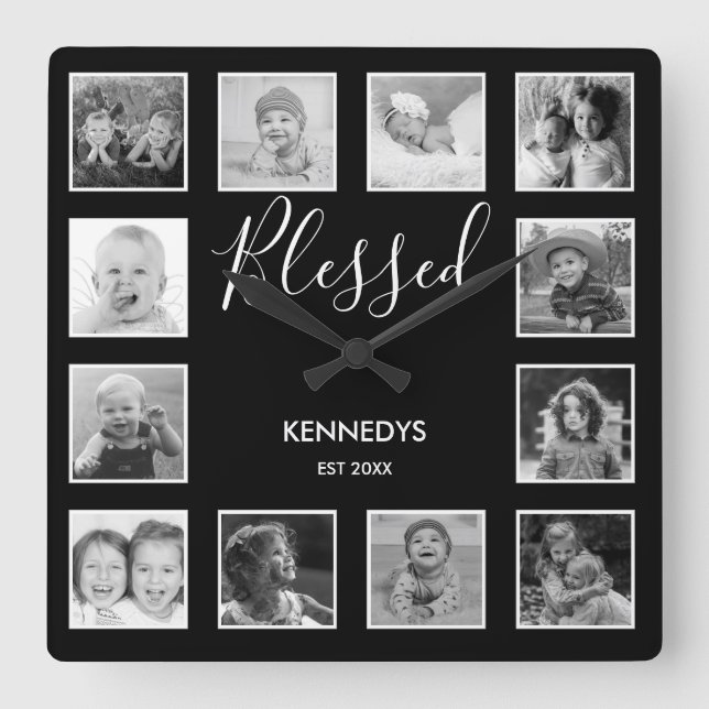 Black And White 12 Photo Collage Blessed Family Square Wall Clock (Front)