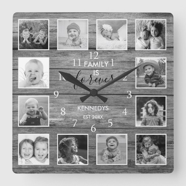 Black And White 12 Photo Collage Family Name Wood  Square Wall Clock (Front)