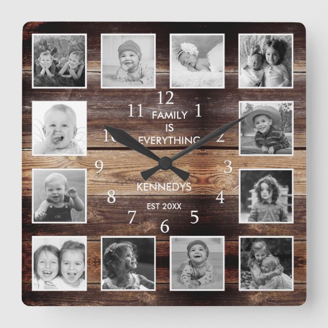 Black And White 12 Photo Collage Family Quote Wood Square Wall Clock (Front)