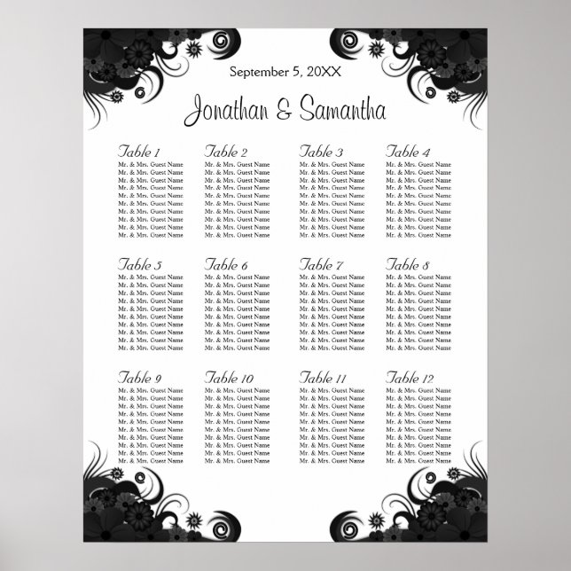Black and White 12 Wedding Tables Seating Charts (Front)