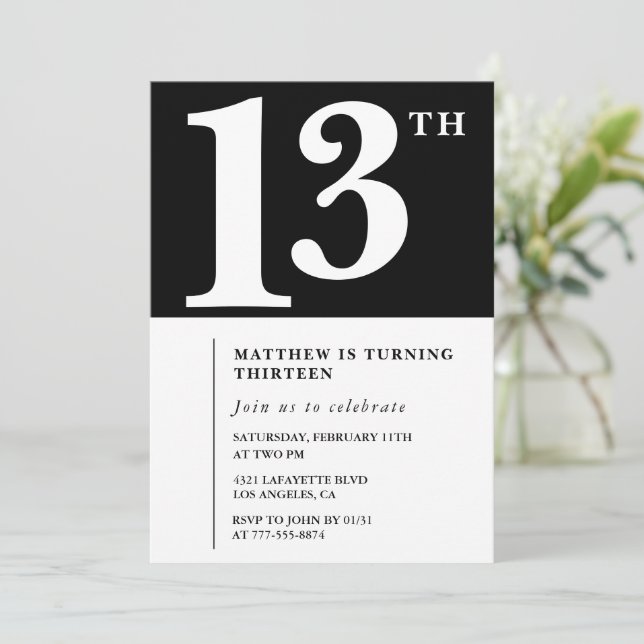 Black and White 13th birthday invitation Chic (Standing Front)