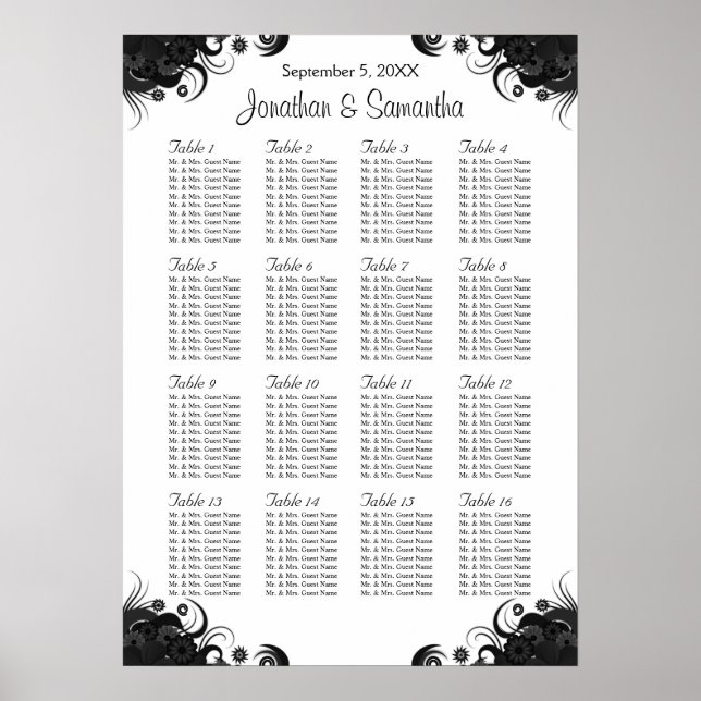 Black and White 16 Wedding Tables Seating Charts (Front)