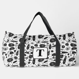 Black and white 1950s atomic era shapes pattern 4 duffle bag