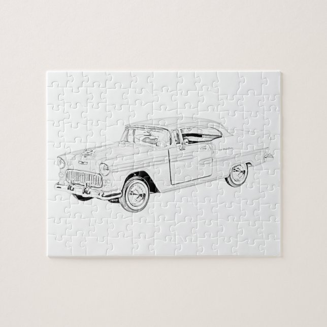 Black and White 1955 Chevy Bel Air Pencil Drawing Jigsaw Puzzle (Horizontal)