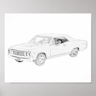 Black and White 1967 Chevy Chevelle Drawing Poster