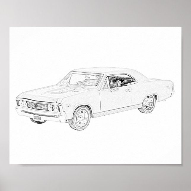 Black and White 1967 Chevy Chevelle Drawing Poster (Front)