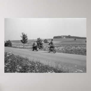 Black and White 1968 Motorcycle Towing Bicycle Poster