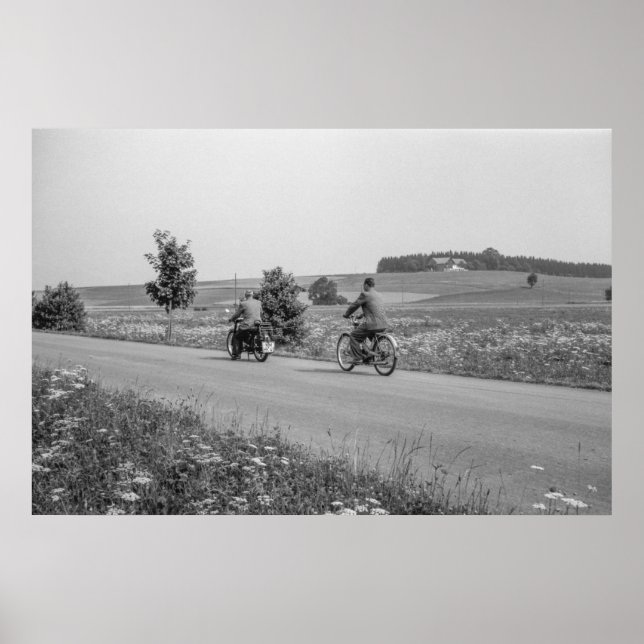 Black and White 1968 Motorcycle Towing Bicycle Poster (Front)