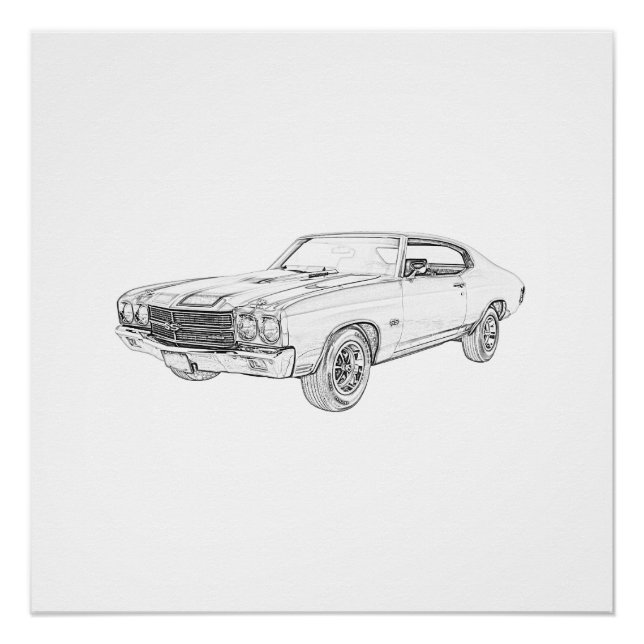 Black and White 1970 chevy chevelle Pencil Drawing Poster (Front)