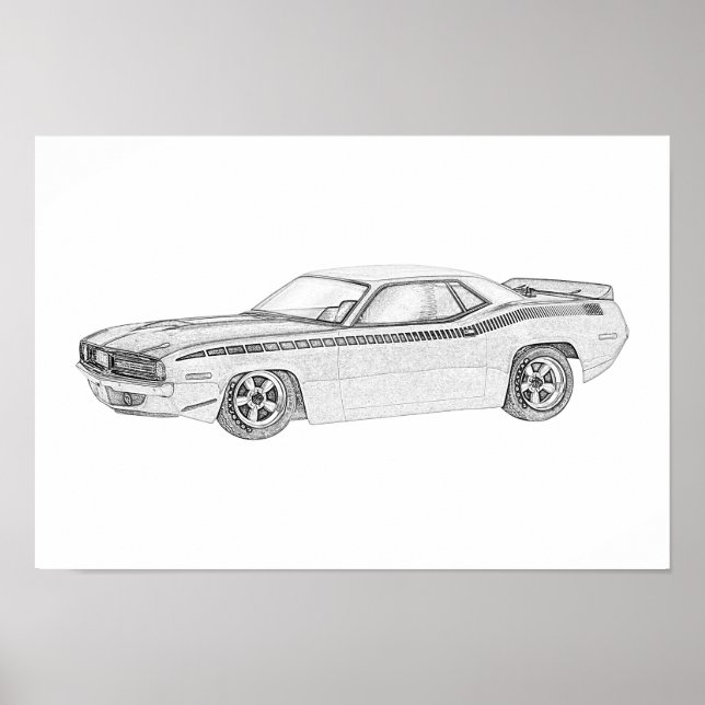 Black and White 1970 Plymouth Barracuda Drawing Poster (Front)