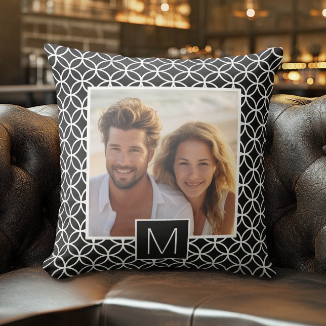 Black and White 1 Photo Collage Custom Monogram Cushion (Custom Photo Pillow)