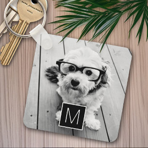 Black and White 1 Photo Collage Custom Monogram Key Ring
