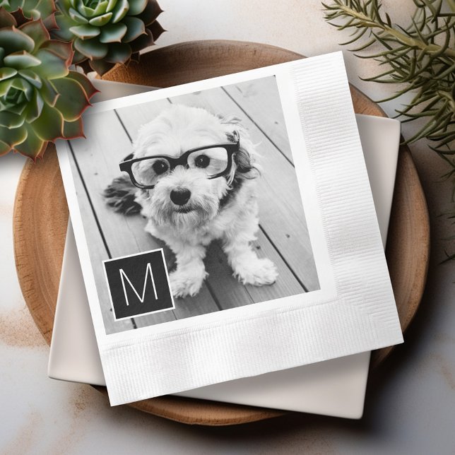 Black and White 1 Photo Collage Custom Monogram Napkin (Personalized Photo Napkins)