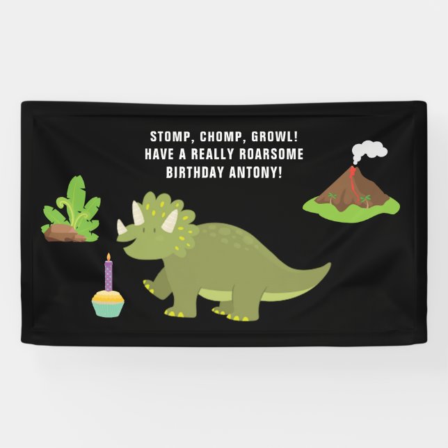 Black and white 1st Birthday Dinosaur themed Party Banner (Horizontal)
