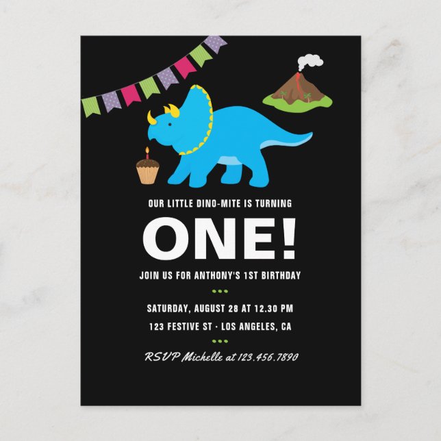 Black and white 1st Birthday Dinosaur themed Party Invitation Postcard (Front)