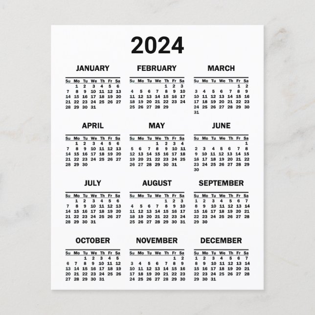 Black and White 2024 Year At Glance Calendar Flyer (Front)