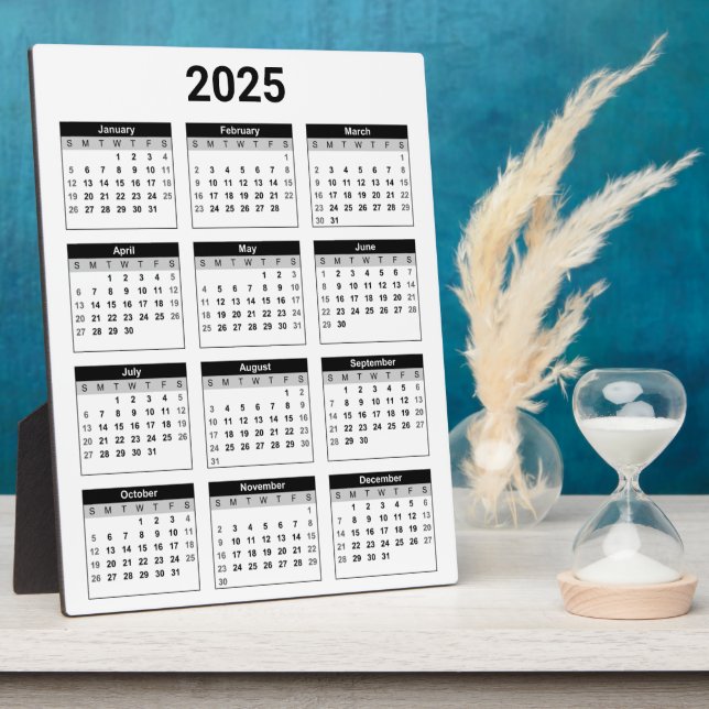 Black and White 2025 Year At A Glance Calendar Plaque (Side)