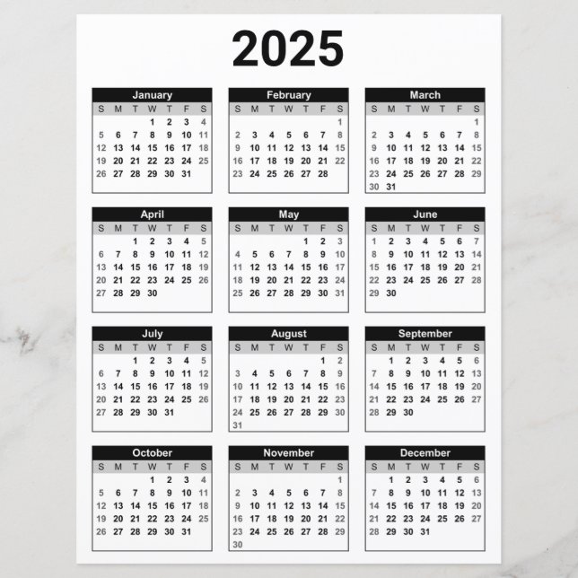 Black and White 2025 Yearly Calendar Paper Sheet (Front)