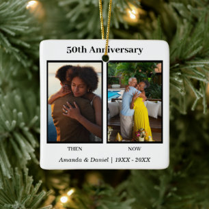 Black and White 2 Photo Collage Anniversary Ceramic Ornament