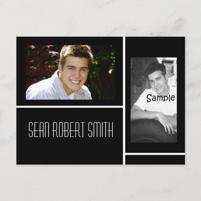 Black and White 2 photo grad announcement Postcard (Front)