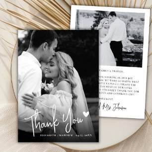 Black and White 2 Photo Love Heart Script Wedding Thank You Card