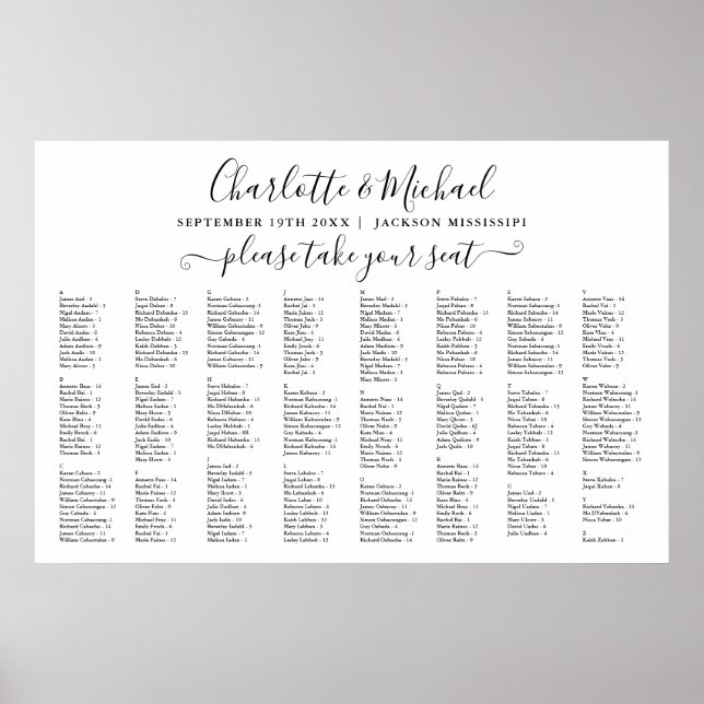 Black And White 300 Names Wedding Seating Chart (Front)
