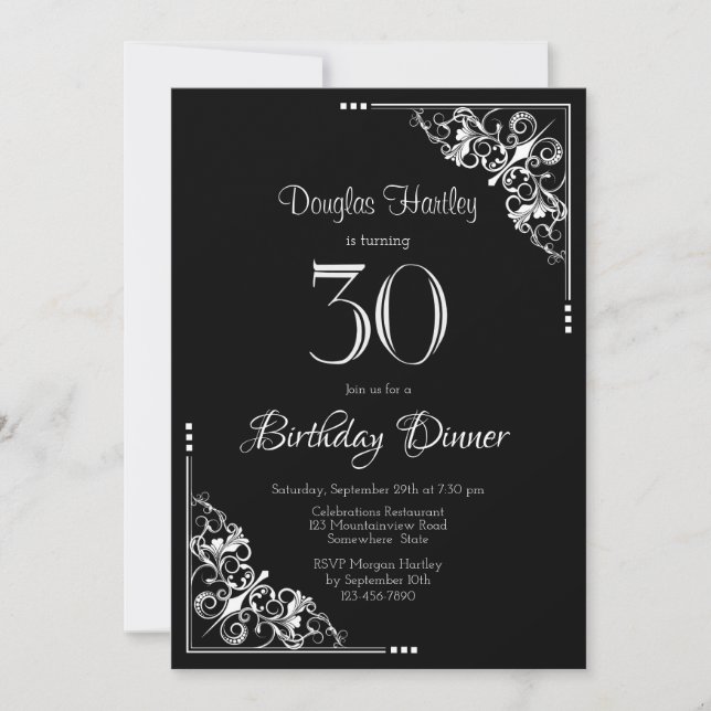 Black and White 30th Birthday Dinner Invitation (Front)