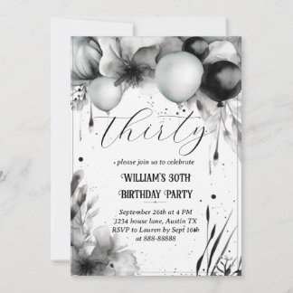 Black and White 30th Birthday Floral Balloon Invitation