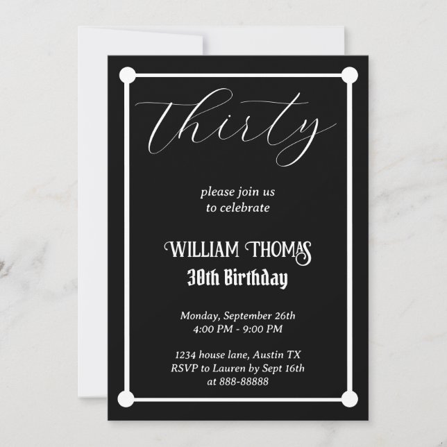 Black and White 30th Birthday Simple Modern Thirty Invitation (Front)